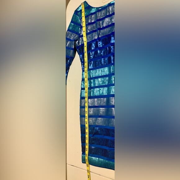 Hanukkah Bodycon Ombre Blue Sequin Striped Mini Dress 3/4 Sleeve Size M - Picture 5 of 10